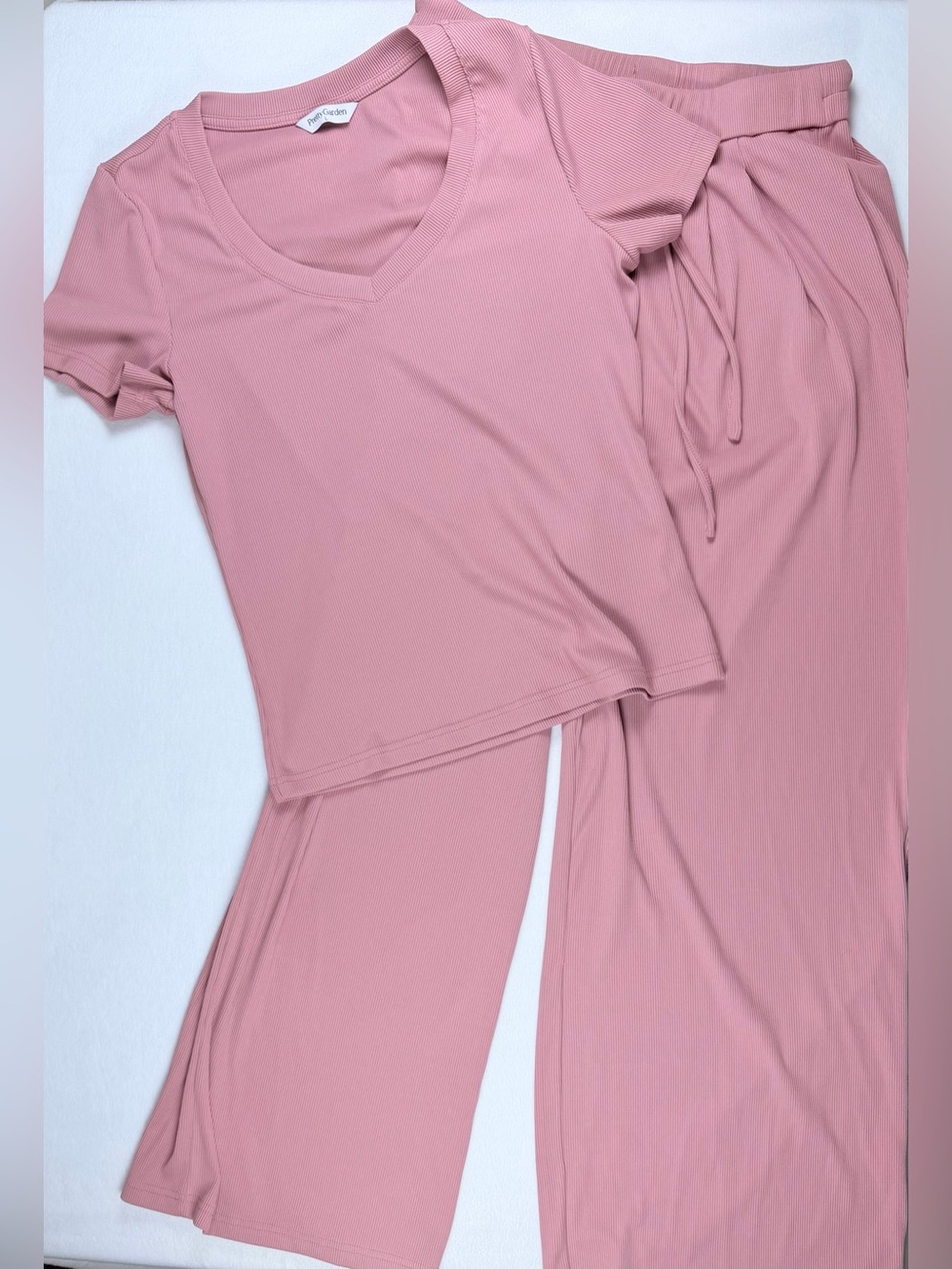 PRETTY GARDEN Women's Dusty Pink Ribbed Short Sleeve Top & Wide Leg Pants Set L - Picture 2 of 12